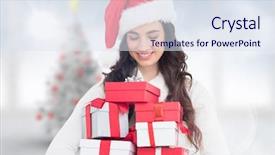  Presentation with festive - Theme featuring festive brunette holding pile of gifts against blurry christmas tree in room background and a sky blue colored foreground