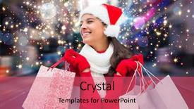  Presentation with new york - PPT theme with festive brunette holding shopping bags background and a coral colored foreground