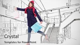  Presentation with festive - Theme enhanced with festive brunette holding shopping bags background and a light gray colored foreground