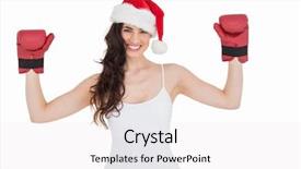  Presentation with festive - Beautiful PPT theme featuring festive brunette in boxing gloves with arms raised on white background backdrop and a white colored foreground
