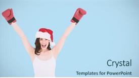  Presentation with festive - Theme with festive brunette in boxing gloves cheering against blue background background and a sky blue colored foreground