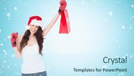  Presentation with falling snow - Presentation featuring festive brunette in boxing gloves with shopping bag against christmas snow falling background and a cool aqua colored foreground