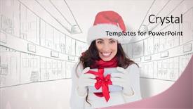  Presentation with maroon - PPT layouts featuring festive brunette in santa hat holding gift against maroon christmas tree pattern background and a sky blue colored foreground