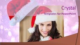  Presentation with festive - Beautiful presentation featuring festive brunette in santa hat holding gifts against purple abstract light spot design backdrop and a lemonade colored foreground