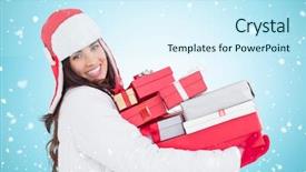  Presentation with winter blue - Beautiful slide deck featuring festive brunette in winter clothes holding many gifts against blue vignette backdrop and a cool aqua colored foreground