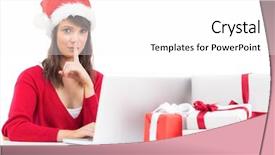  Presentation with secret - Cool new presentation with festive brunette keeping a secret backdrop and a white colored foreground