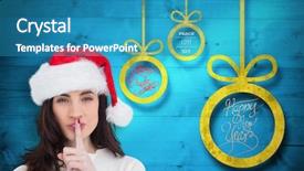  Presentation with secret - Beautiful PPT layouts featuring festive brunette keeping a secret against christmas decorations over wood backdrop and a teal colored foreground