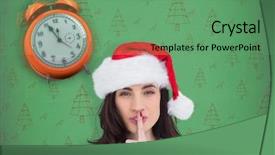  Presentation with secret - Cool new theme with festive brunette keeping a secret against green christmas tree pattern backdrop and a seafoam green colored foreground
