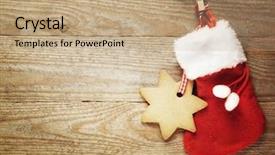  Presentation with christmas stocking - Theme with festive christmas decoration over wooden background and a coral colored foreground