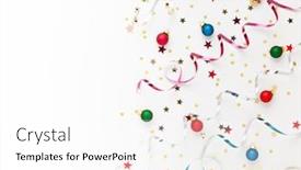  Presentation with colorful celebration - Audience pleasing presentation design consisting of festive composition with colorful confetti christmas ornaments and streamers on white celebration concept ideas for christmas new year flat lay copy space backdrop and a white colored foreground