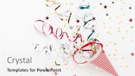  Presentation with colorful celebration - Presentation theme featuring festive composition with colorful confetti christmas ornaments and streamers on white celebration concept ideas for christmas new year flat lay copy space background and a sky blue colored foreground