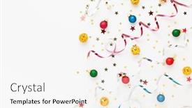  Presentation with colorful celebration - Amazing presentation theme having festive composition with colorful confetti christmas ornaments and streamers on white celebration concept ideas for christmas new year flat lay copy space backdrop and a white colored foreground