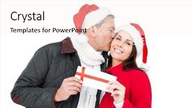  Presentation with white christmas - Audience pleasing presentation theme consisting of festive couple holding christmas gift and kissing on white screen backdrop and a sky blue colored foreground