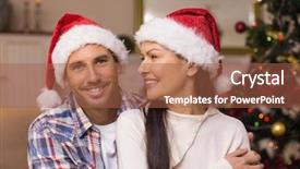  Presentation with festive - Beautiful slides featuring festive couple in santa hat hugging on the couch at home in the living room backdrop and a red colored foreground