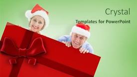  Presentation with christmas ribbon festive - Colorful theme enhanced with festive couple showing poster against red christmas ribbon backdrop and a mint green colored foreground