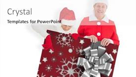  Presentation with poster - Theme featuring festive couple showing poster against christmas wrapping paper with bow background and a white colored foreground