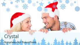  Presentation with poster - PPT theme having festive couple smiling from behind poster against snow flake frame in blue background and a sky blue colored foreground