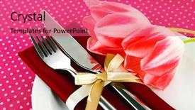  Presentation with dining table - Beautiful slide set featuring festive dining table setting with tulips on pink polka-dot background backdrop and a coral colored foreground
