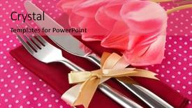  Presentation with dining table - Beautiful theme featuring festive dining table setting with tulips on pink polka-dot background backdrop and a coral colored foreground