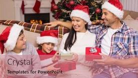  Presentation with living room family - Slides featuring festive family in santa hat exchanging gifts at home in the living room background and a coral colored foreground