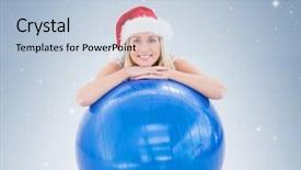  Presentation with festive - Cool new theme with festive fit blonde leaning on exercise ball on vignette background backdrop and a light blue colored foreground