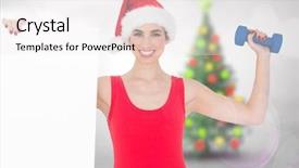  Presentation with christmas tree - PPT theme featuring festive fit brunette holding page and dumbbell against blurry christmas tree in room background and a white colored foreground