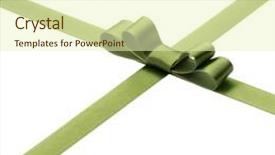  Presentation with ribbon green - Slide set consisting of festive green gift ribbon and bow isolated on white background background and a soft green colored foreground