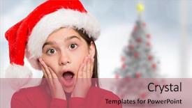  Presentation with girl christmas - PPT theme having festive little girl looking surprised against blurry christmas tree in room background and a coral colored foreground