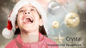  Presentation with girl christmas - Presentation theme featuring festive little girl looking surprised against blurred christmas background background and a mint green colored foreground