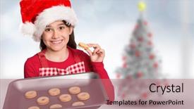  Presentation with girl christmas - Presentation featuring festive little girl offering cookies against blurry christmas tree in room background and a coral colored foreground