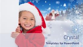  Presentation with poster - Colorful slide deck enhanced with festive little girl showing poster against bright blue sky over clouds backdrop and a sky blue colored foreground