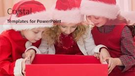  Presentation with siblings - Theme having festive little siblings looking at gift at home in the living room background and a coral colored foreground