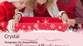  Presentation with siblings - PPT theme with festive little siblings looking at gift against border background and a coral colored foreground