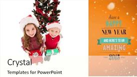  Presentation with siblings - PPT theme consisting of festive little siblings smiling at camera holding gifts against orange vignette background and a cream colored foreground
