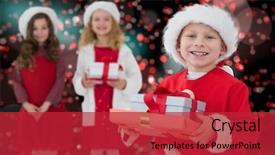  Presentation with siblings - PPT theme with festive little siblings smiling at camera holding gifts against digitally generated twinkling light design background and a red colored foreground