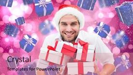  Presentation with light pink - Amazing PPT theme having festive man holding christmas gifts against light glowing dots on pink backdrop and a coral colored foreground