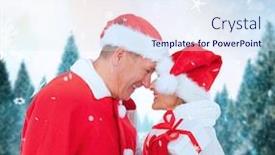  Presentation with festive - Colorful slide deck enhanced with festive mature couple holding gift against snowy landscape with fir trees backdrop and a sky blue colored foreground