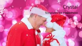  Presentation with light pink - PPT theme with festive mature couple holding gift against light glowing dots on pink background and a coral colored foreground