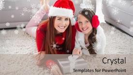  Presentation with snowflakes - Colorful PPT theme enhanced with festive mother and daughter smiling at camera against snowflakes backdrop and a mint green colored foreground
