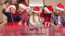  Presentation with living room family - Presentation theme having festive multi generation family opening gifts together at home in the living room background and a coral colored foreground