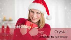 Presentation with twinkling stars - Colorful theme enhanced with festive pretty woman hugging her gift against twinkling stars backdrop and a red colored foreground