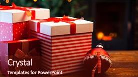  Presentation with christmas red - Slides consisting of festive red gift boxes standing by the burning fireplace and christmas tree - cozy home background and a tawny brown colored foreground