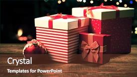  Presentation with festive - Colorful slides enhanced with festive red gift boxes standing by the burning fireplace and christmas tree - cozy home backdrop and a tawny brown colored foreground