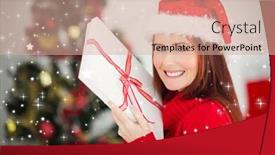  Presentation with twinkling stars - Beautiful presentation theme featuring festive redhead holding christmas gift against twinkling stars backdrop and a coral colored foreground