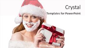  Presentation with foam - Presentation consisting of festive redhead in foam beard holding gift on white background background and a white colored foreground
