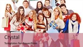  Presentation with saying - PPT theme featuring festive season - women in santa hat holding background and a coral colored foreground