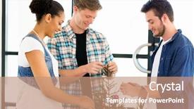  Presentation with office workers - Amazing slide deck having festive season - young office workers discussing backdrop and a coral colored foreground