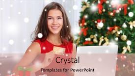  Presentation with online shopping - Slide set having festive season - young woman shopping online background and a coral colored foreground
