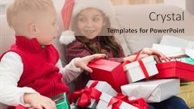  Presentation with siblings - PPT layouts enhanced with festive siblings surrounded by gifts at home in the living room background and a coral colored foreground