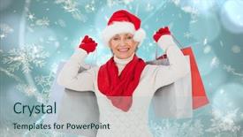 Presentation with blue design - Colorful PPT layouts enhanced with festive woman holding shopping bags against blue snow flake pattern design backdrop and a light blue colored foreground